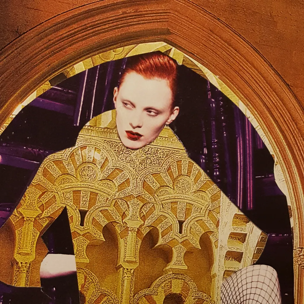 A collage of a figure in gilded arches